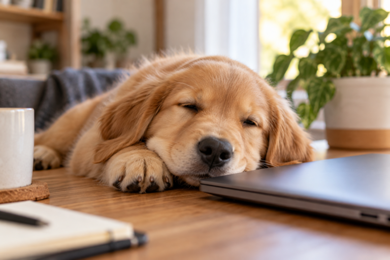 A sleepy puppy rests calmly beside a closed laptop.