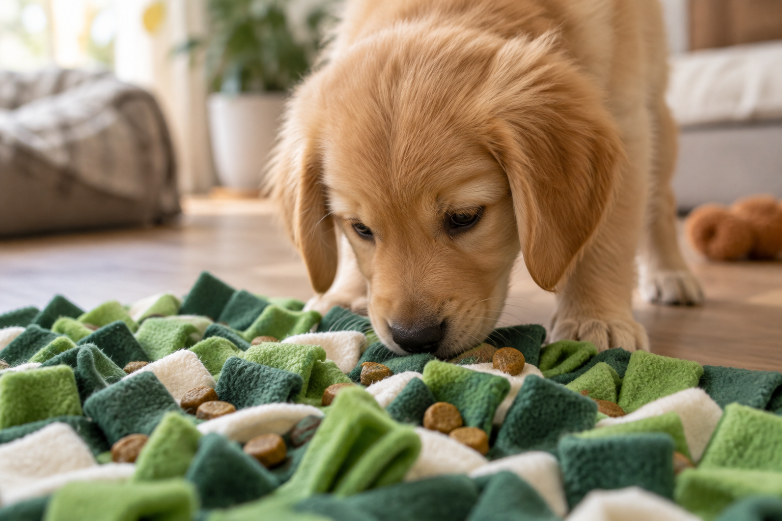 A puppy sniffs kibble on a clean snuffle mat.