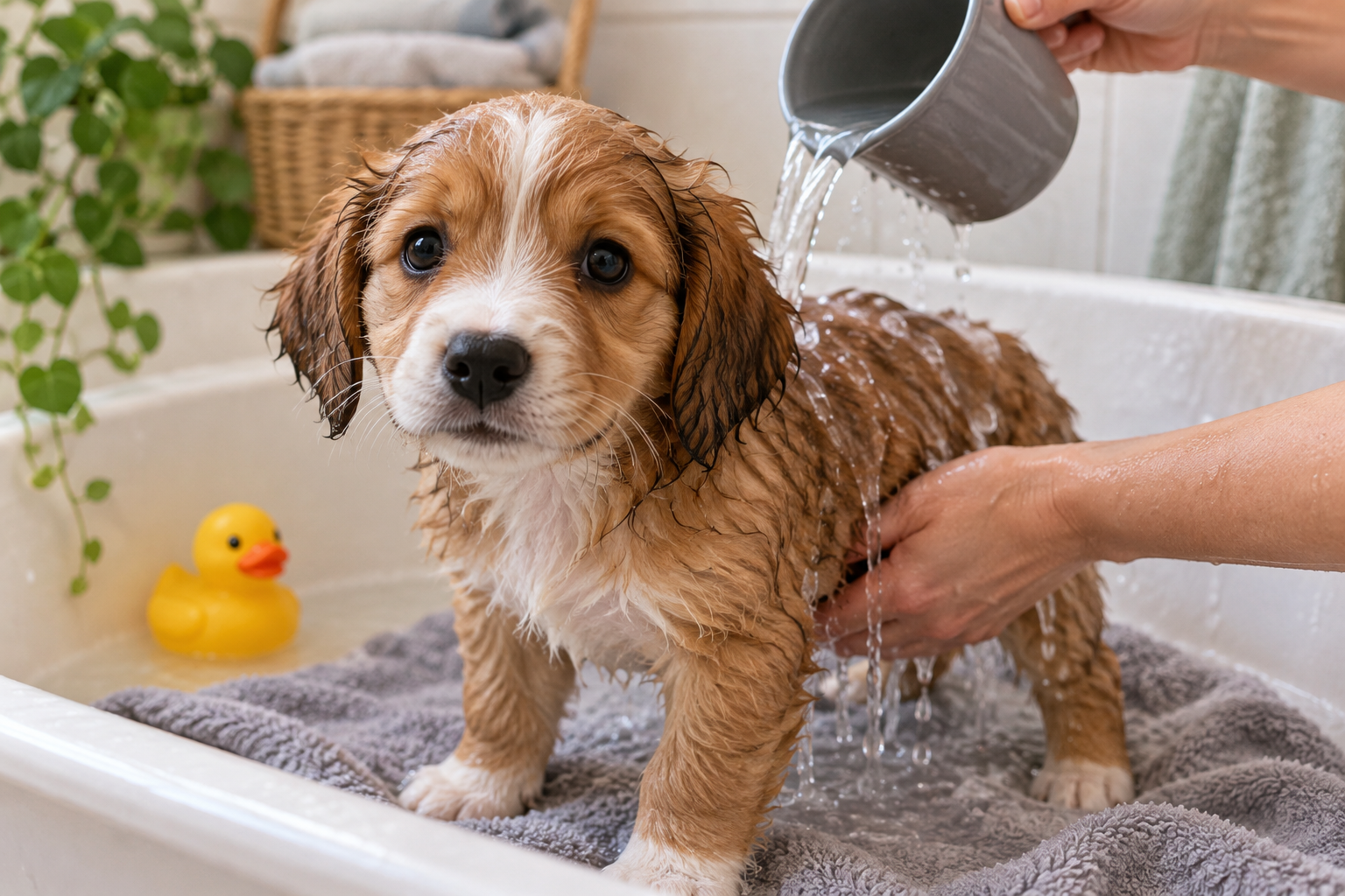 A damp puppy stands on a towel in a shallow tub while being gently rinsed.